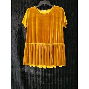 Women's Entro Top Short Sleeve Crushed Velvet Ruffle Bottom Mustard Sz S